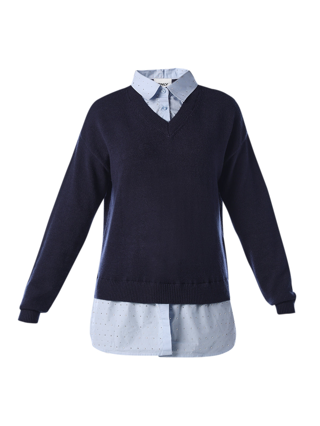Mock Shirt Embellished Pullover - Navy Blue