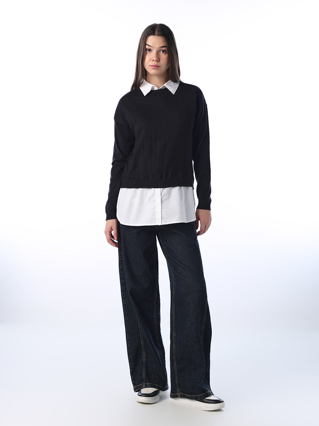 Mock Shirt Embellished Pullover - Black