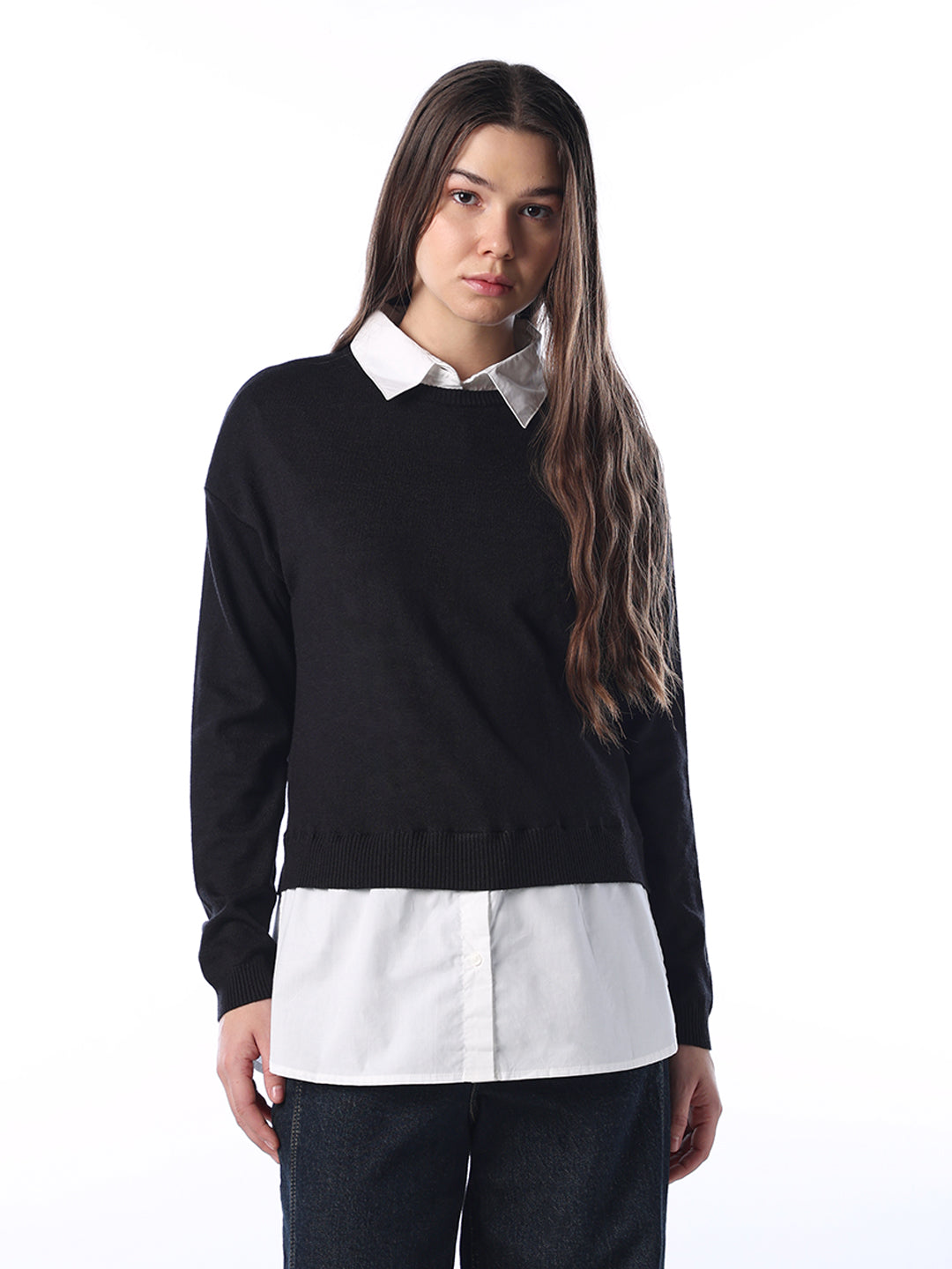 Mock Shirt Embellished Pullover - Black