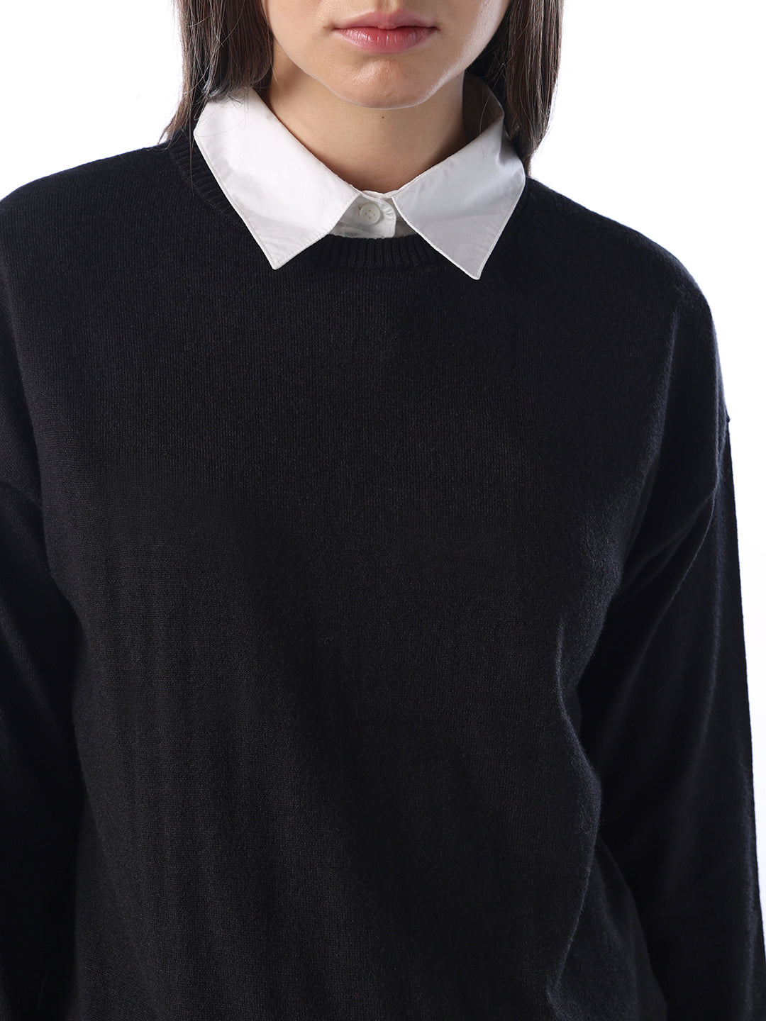 Mock Shirt Embellished Pullover - Black
