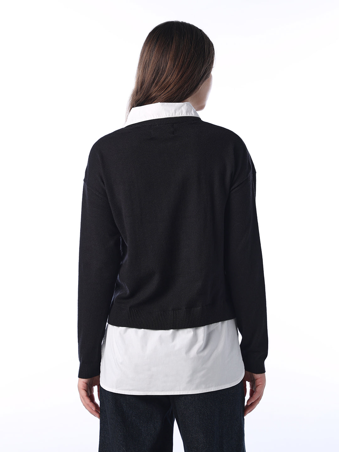 Mock Shirt Embellished Pullover - Black