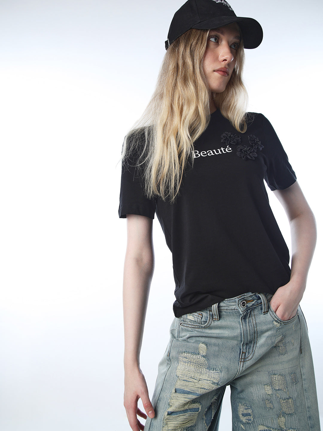 Black Floral Appliqué T-shirt