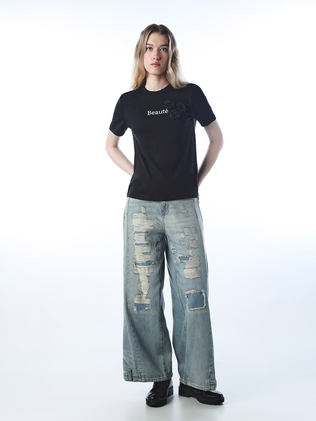 Black Floral Appliqué T-shirt