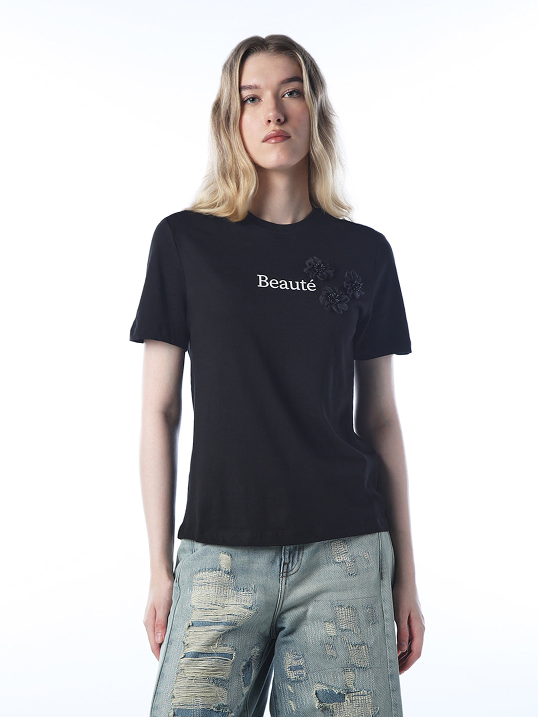 Black Floral Appliqué T-shirt