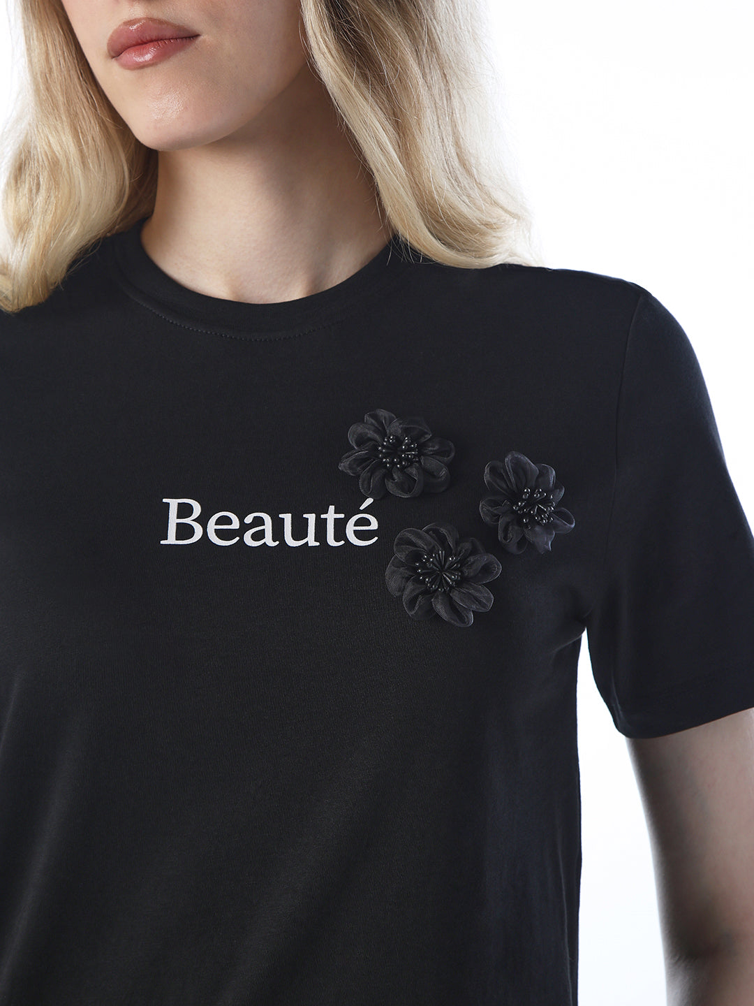 Black Floral Appliqué T-shirt