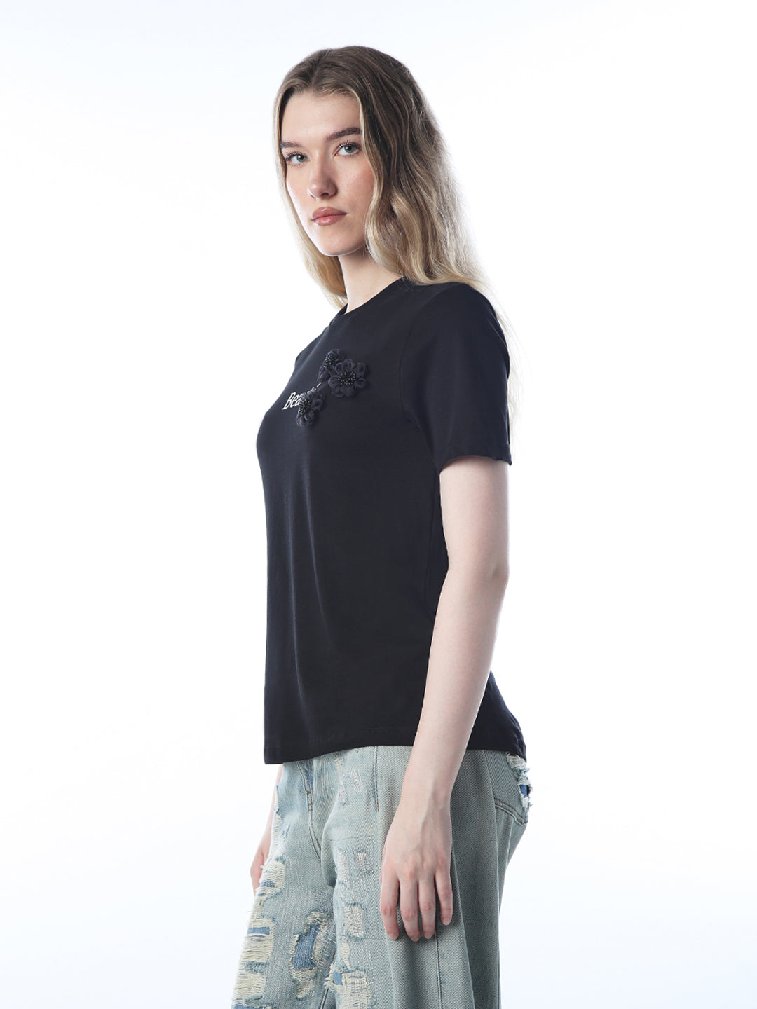 Black Floral Appliqué T-shirt