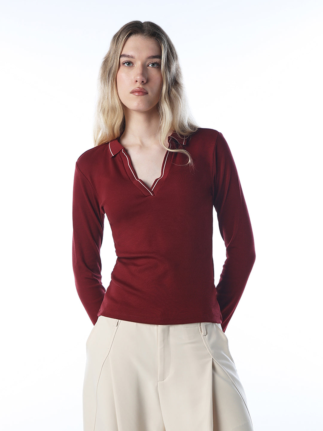Contrast Collar V-Neck Polo - Maroon