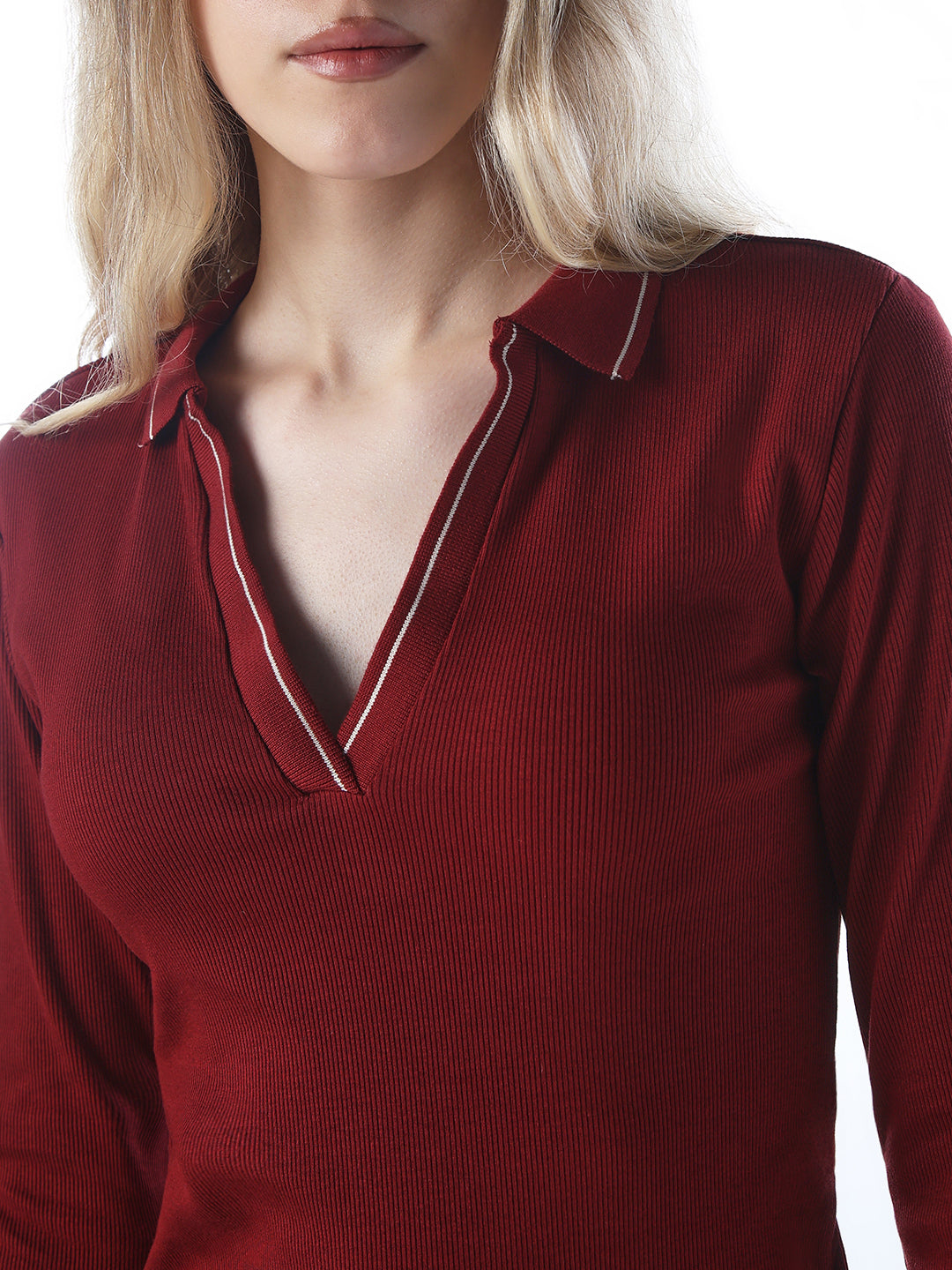 Contrast Collar V-Neck Polo - Maroon