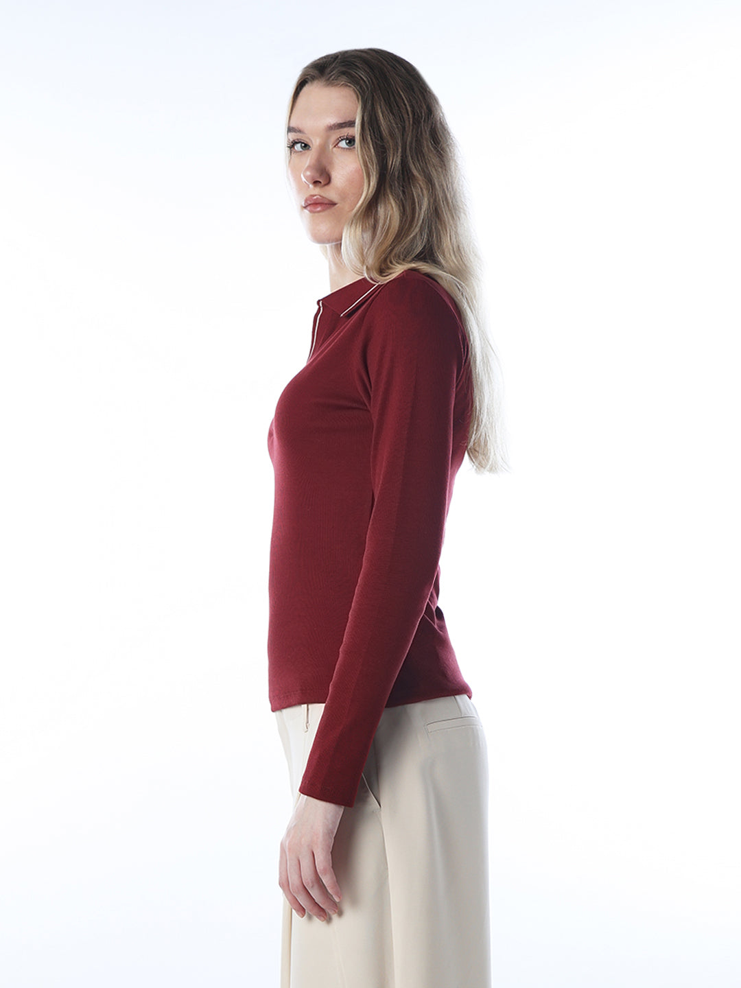 Contrast Collar V-Neck Polo - Maroon