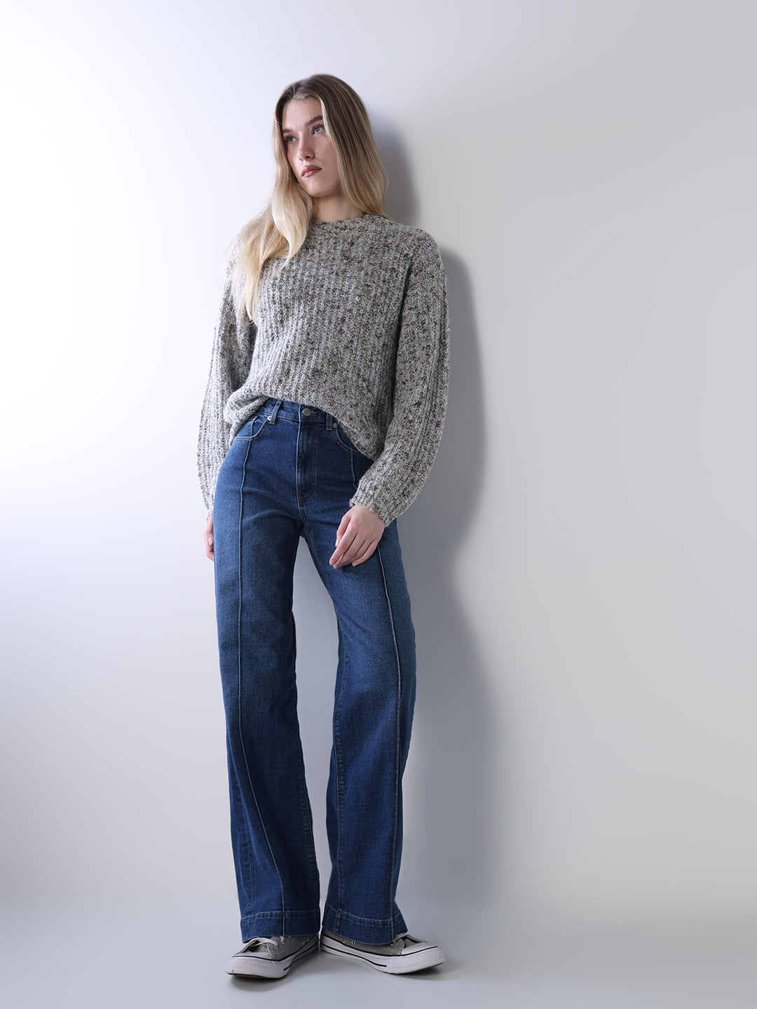 High Rise Pintuck Wide Leg Jeans