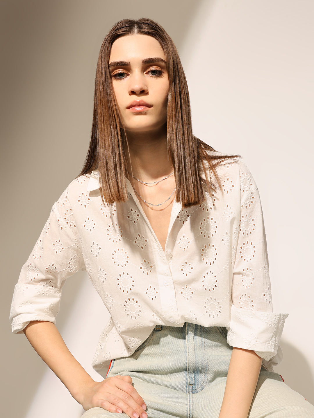 White Schiffli Cotton Shirt