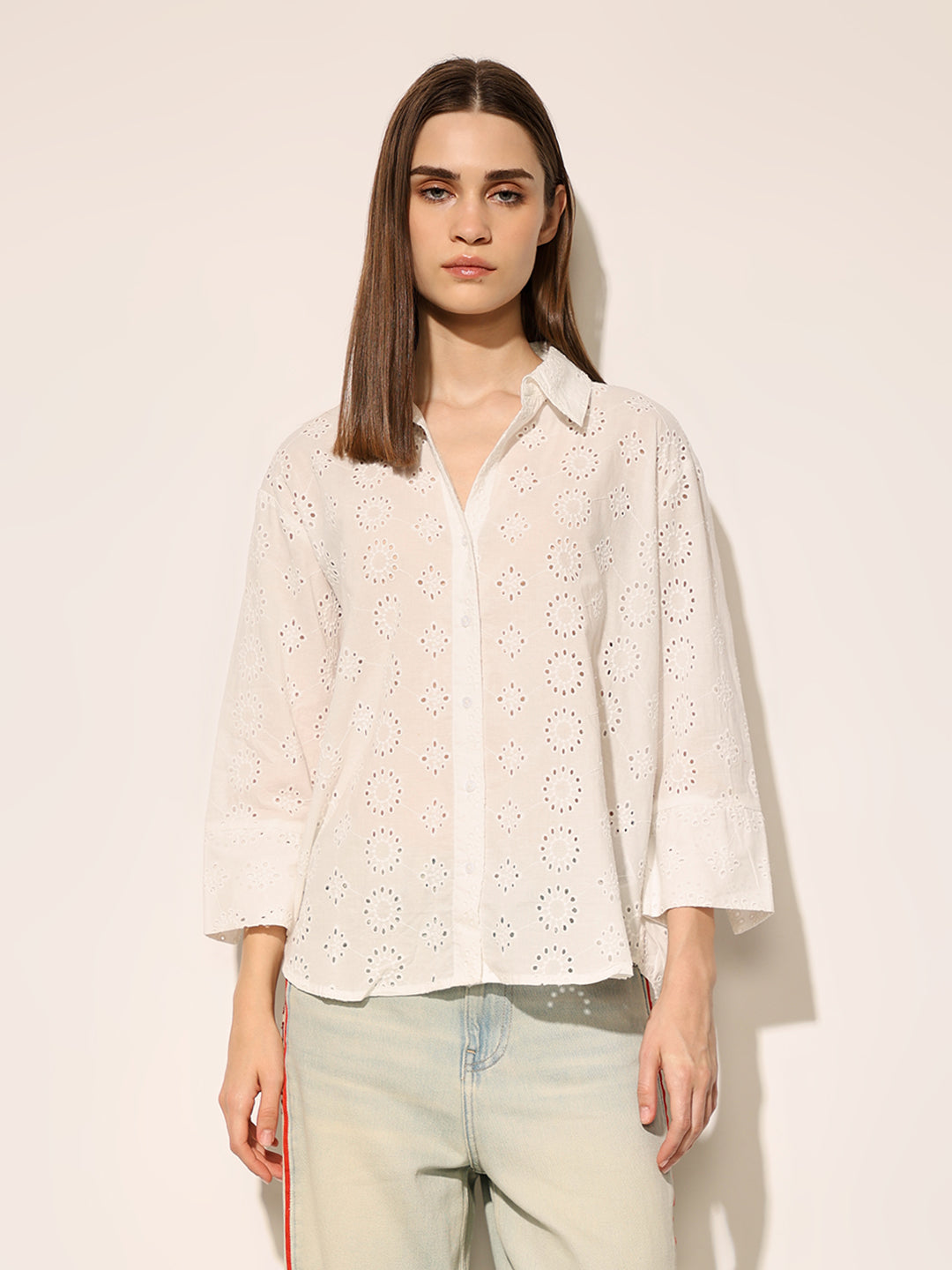 White Schiffli Cotton Shirt