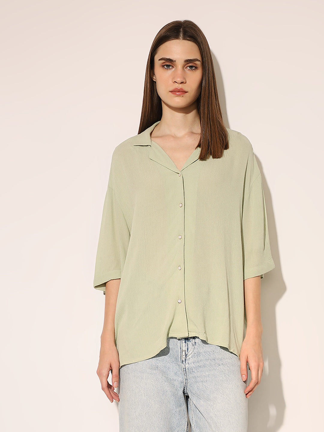Green Textured Oversized Shirt