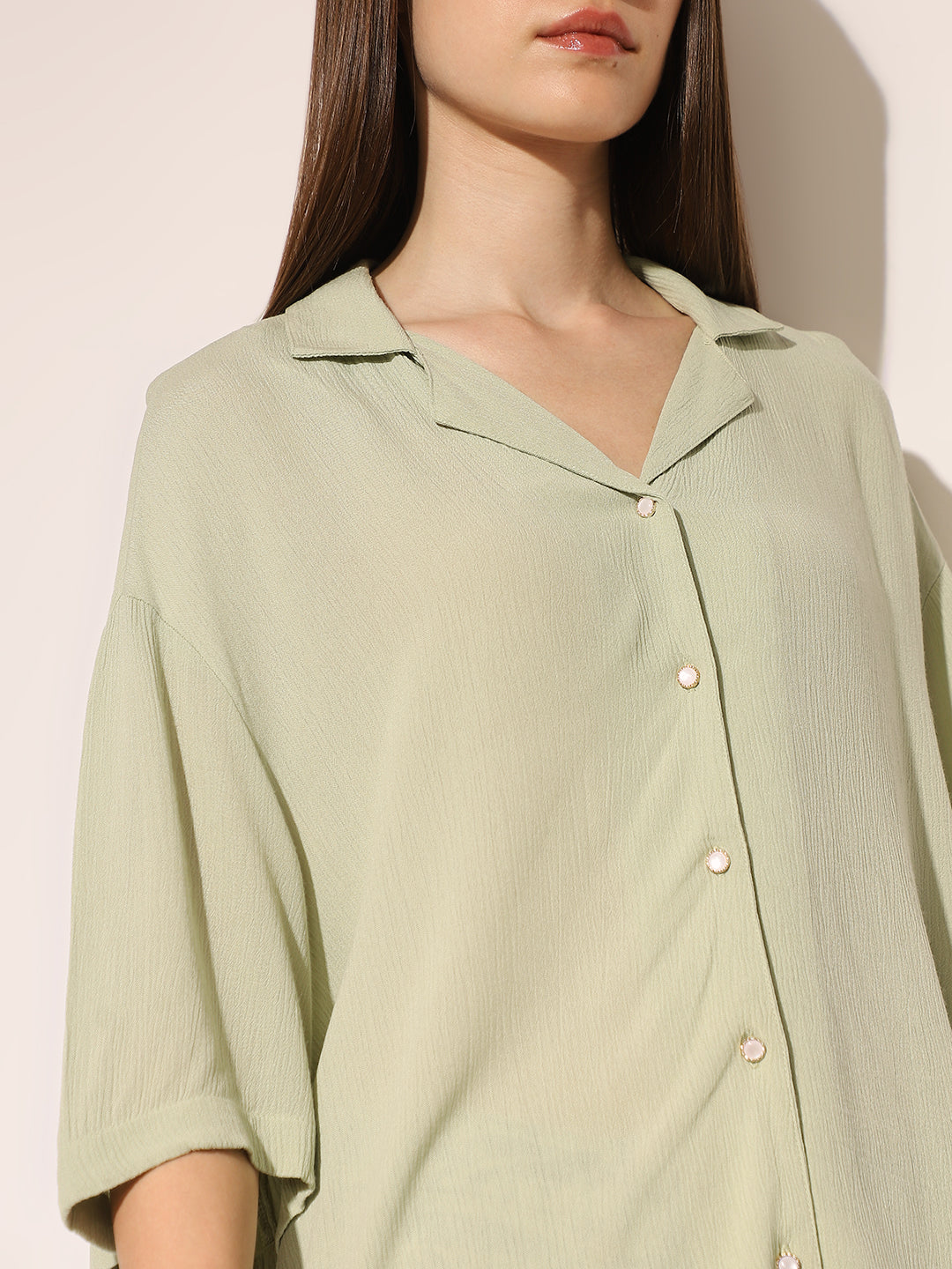 Green Textured Oversized Shirt