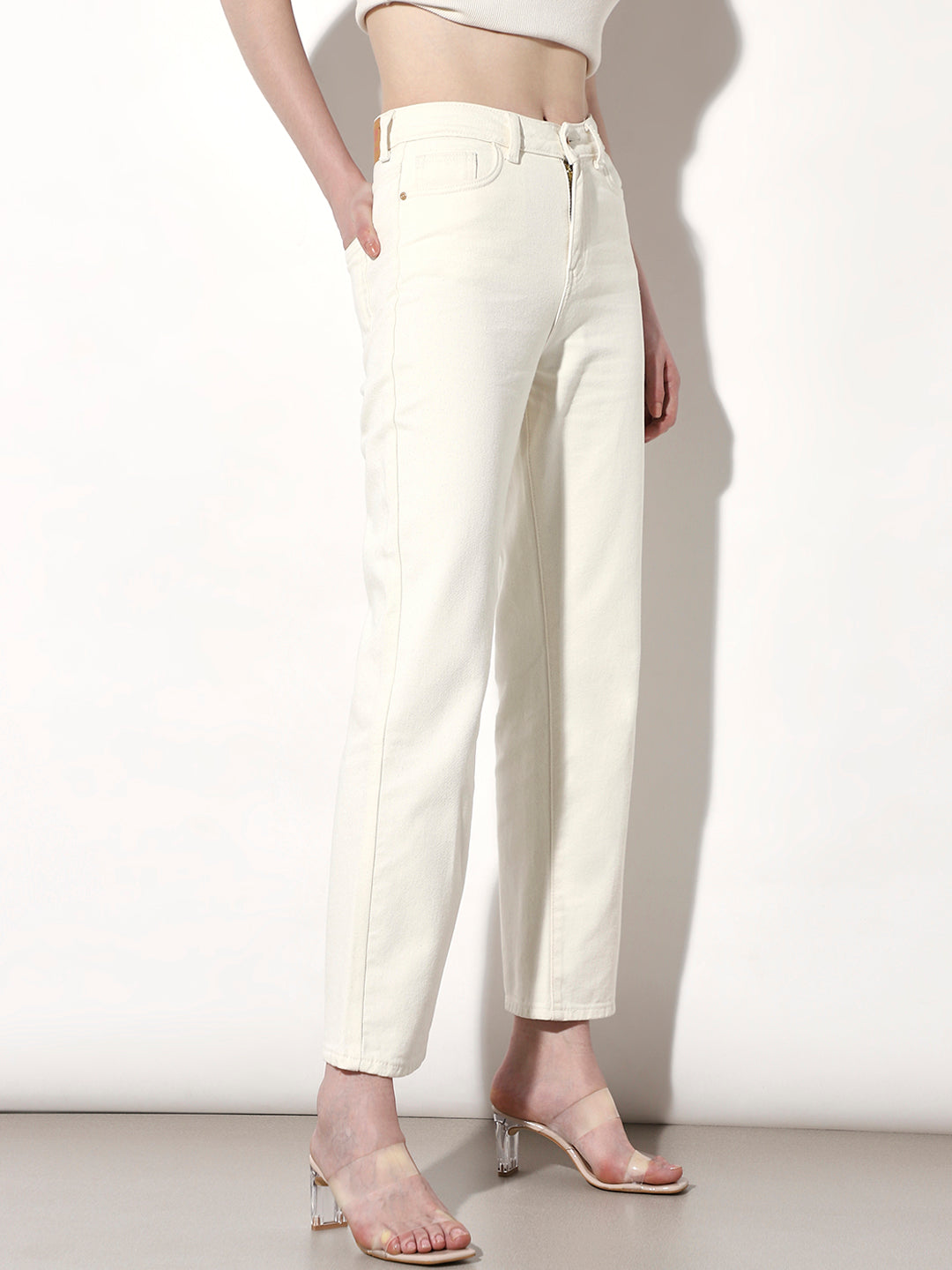 Ecru High Rise Straight Fit Jeans