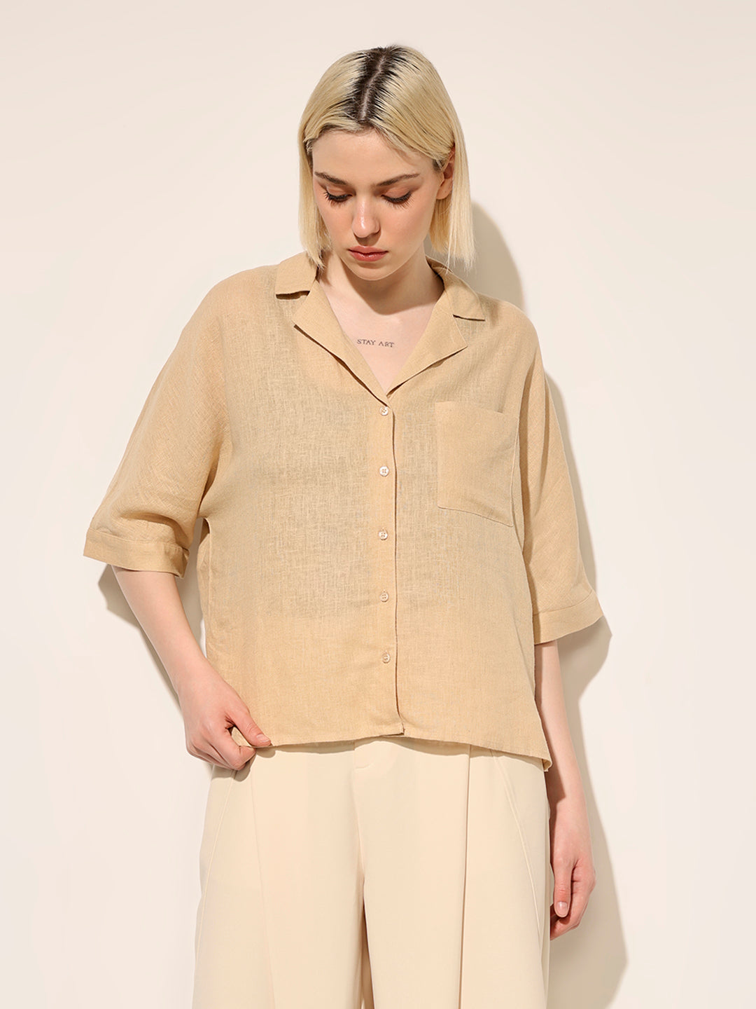 Beige Linen Blend Oversized Shirt