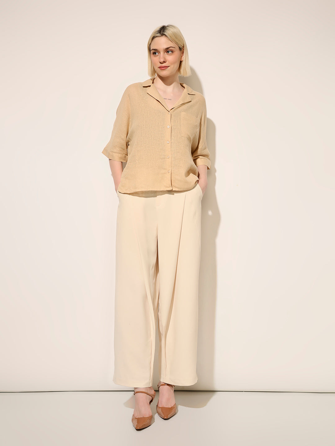 Beige Linen Blend Oversized Shirt