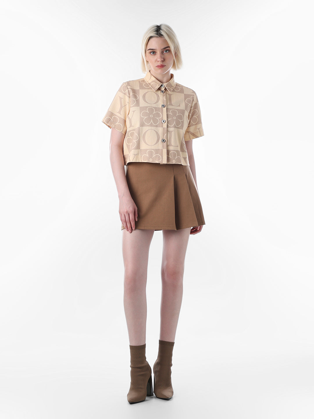 Beige Printed Cropped Cotton Shirt