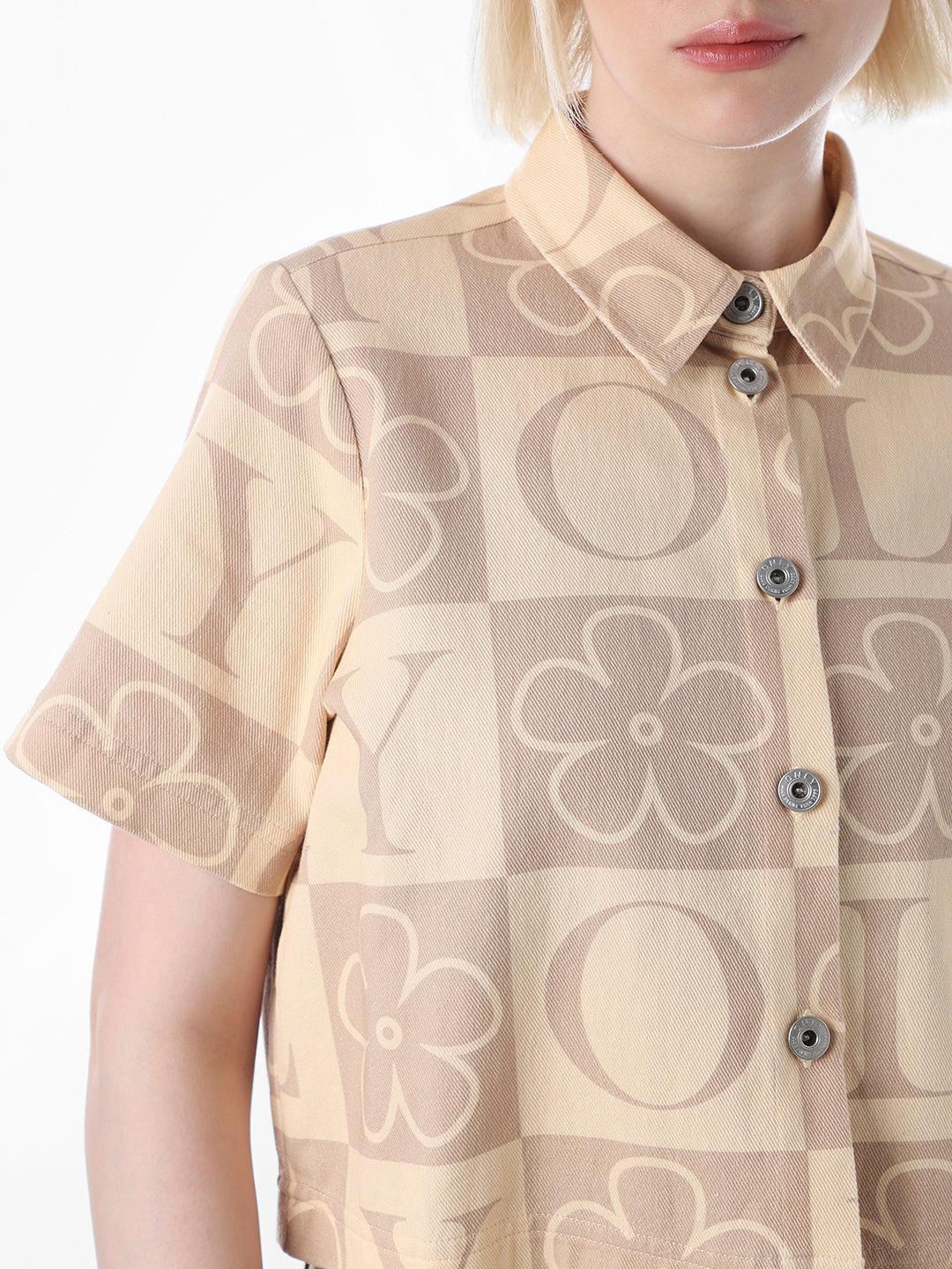 Beige Printed Cropped Cotton Shirt