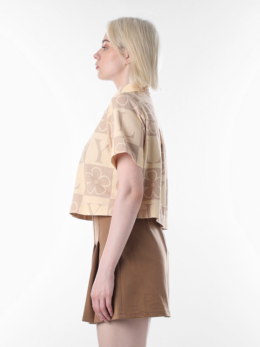 Beige Printed Cropped Cotton Shirt