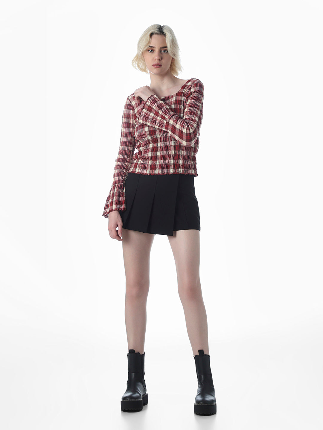 Maroon Check Smocked Top