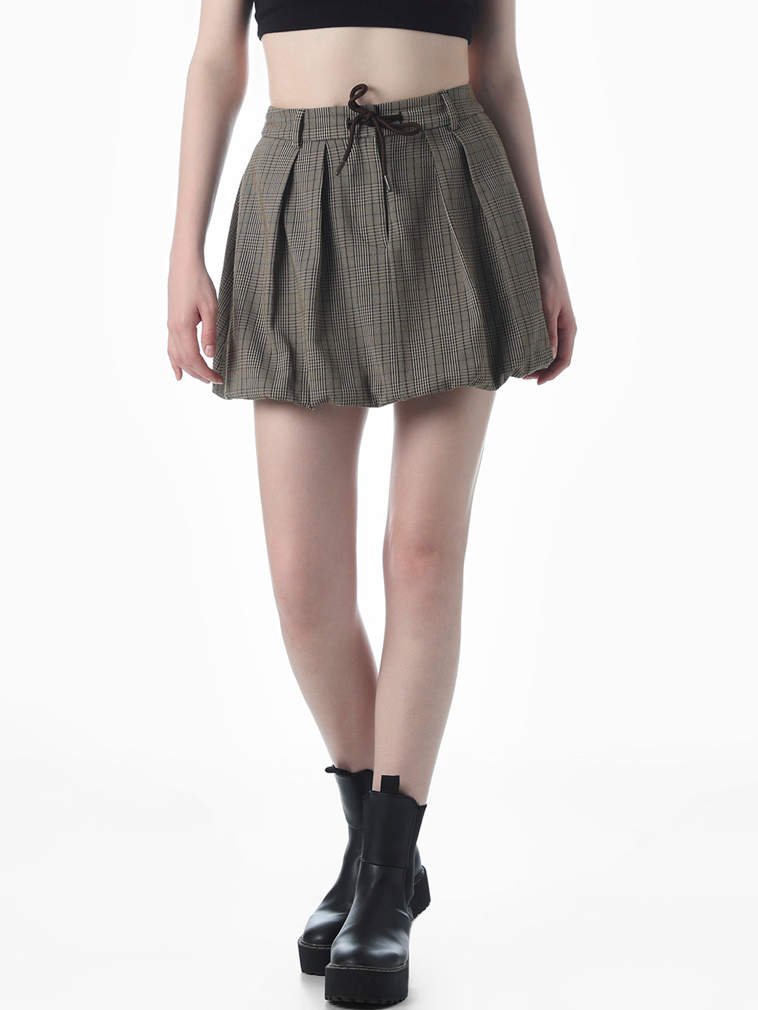 Brown Pleated Bubble Hem Skirt