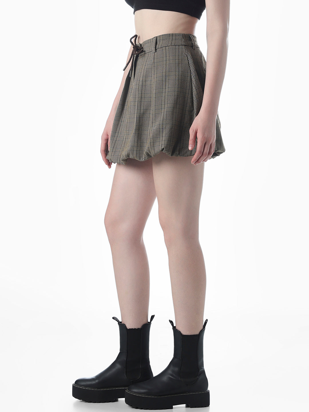 Brown Pleated Bubble Hem Skirt