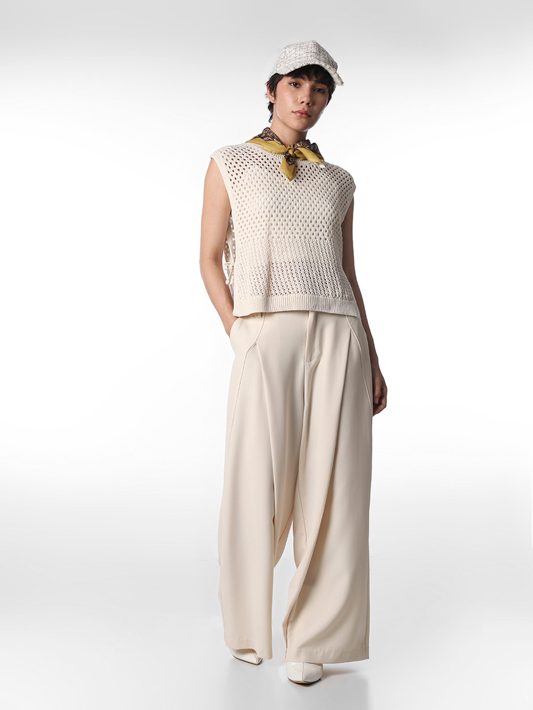 Ecru Pointelle-Knit Sweater Vest