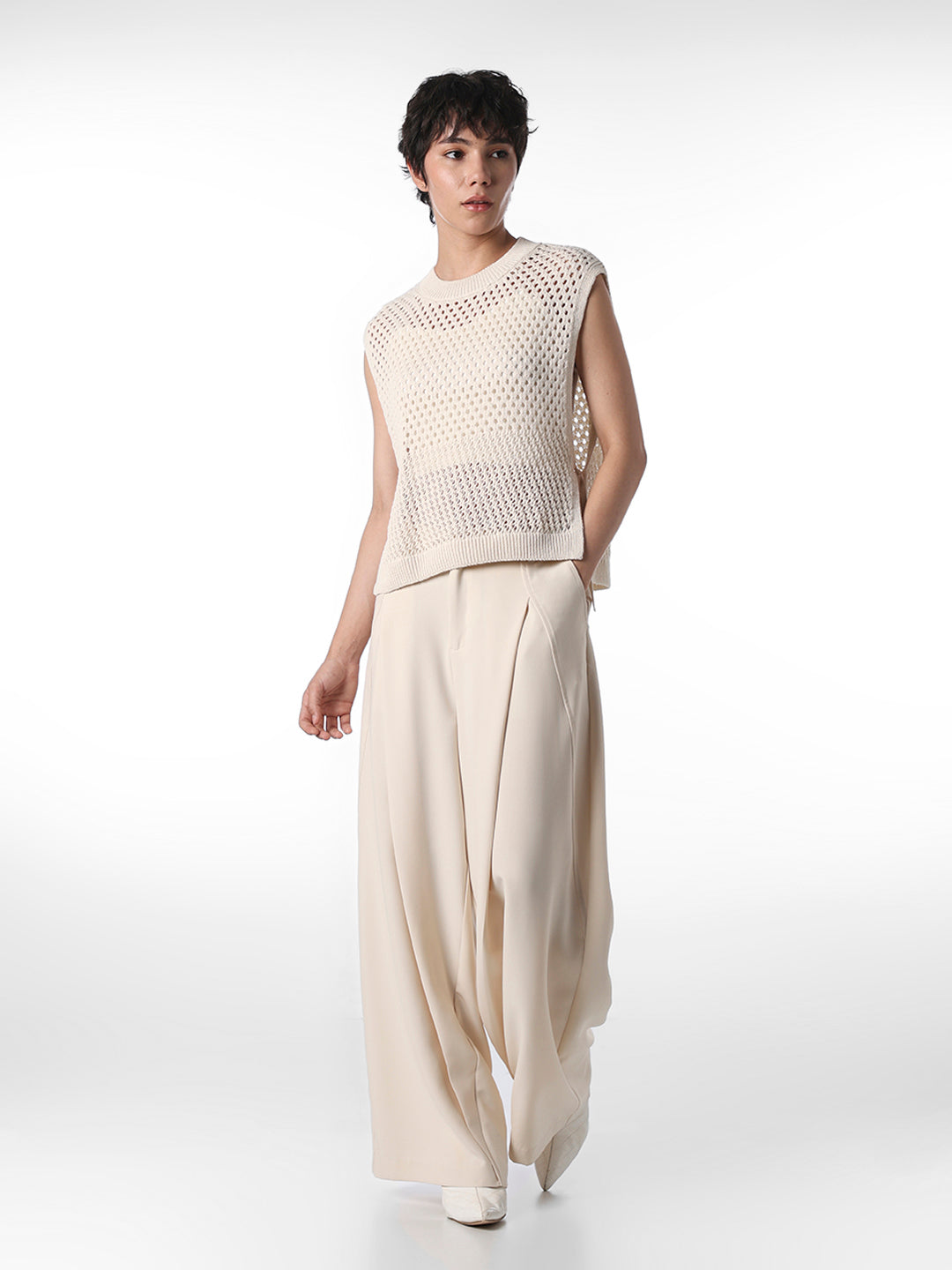 Ecru Pointelle-Knit Sweater Vest