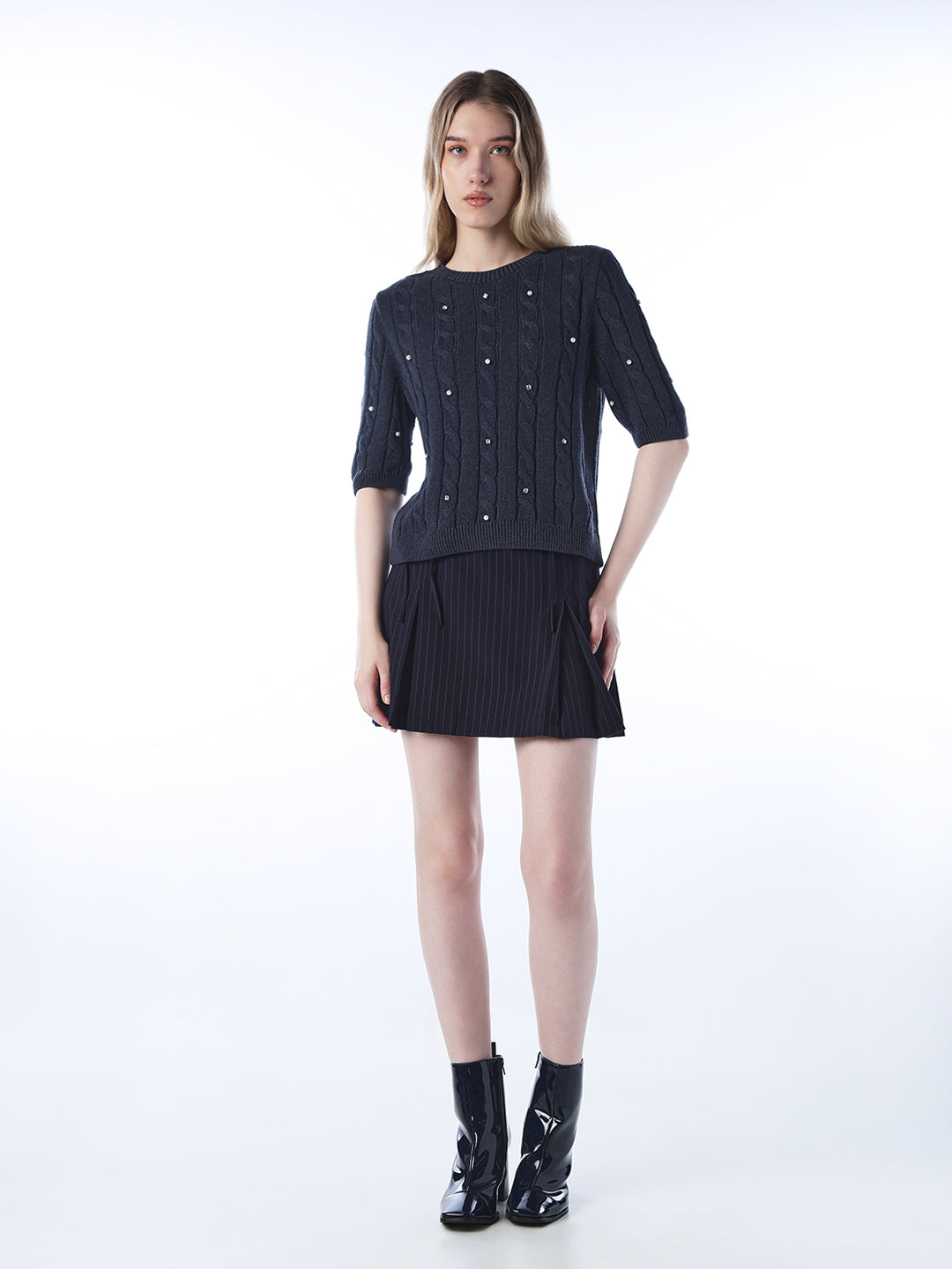 Rhinestone Cable Knit Pullover - Navy Blue