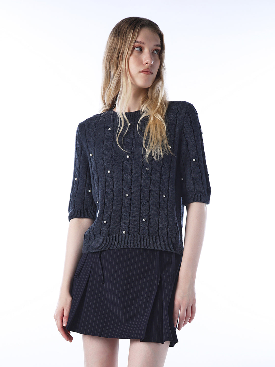 Rhinestone Cable Knit Pullover - Navy Blue