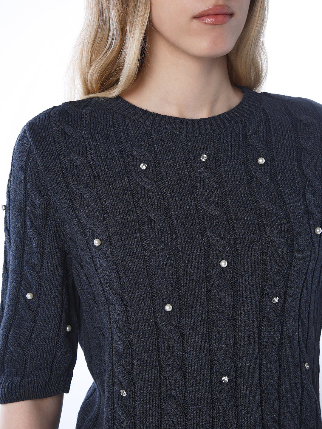 Rhinestone Cable Knit Pullover - Navy Blue