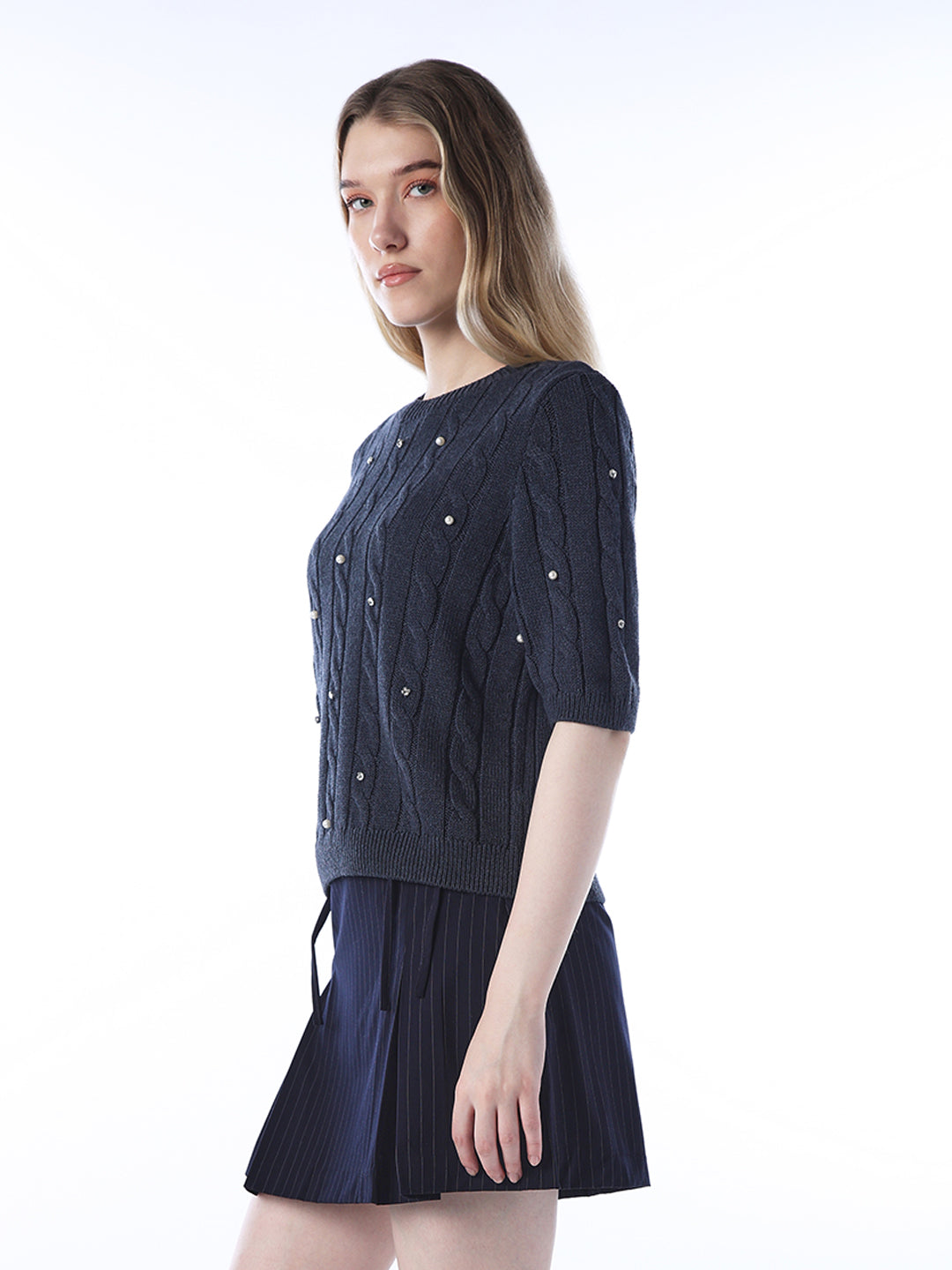 Rhinestone Cable Knit Pullover - Navy Blue