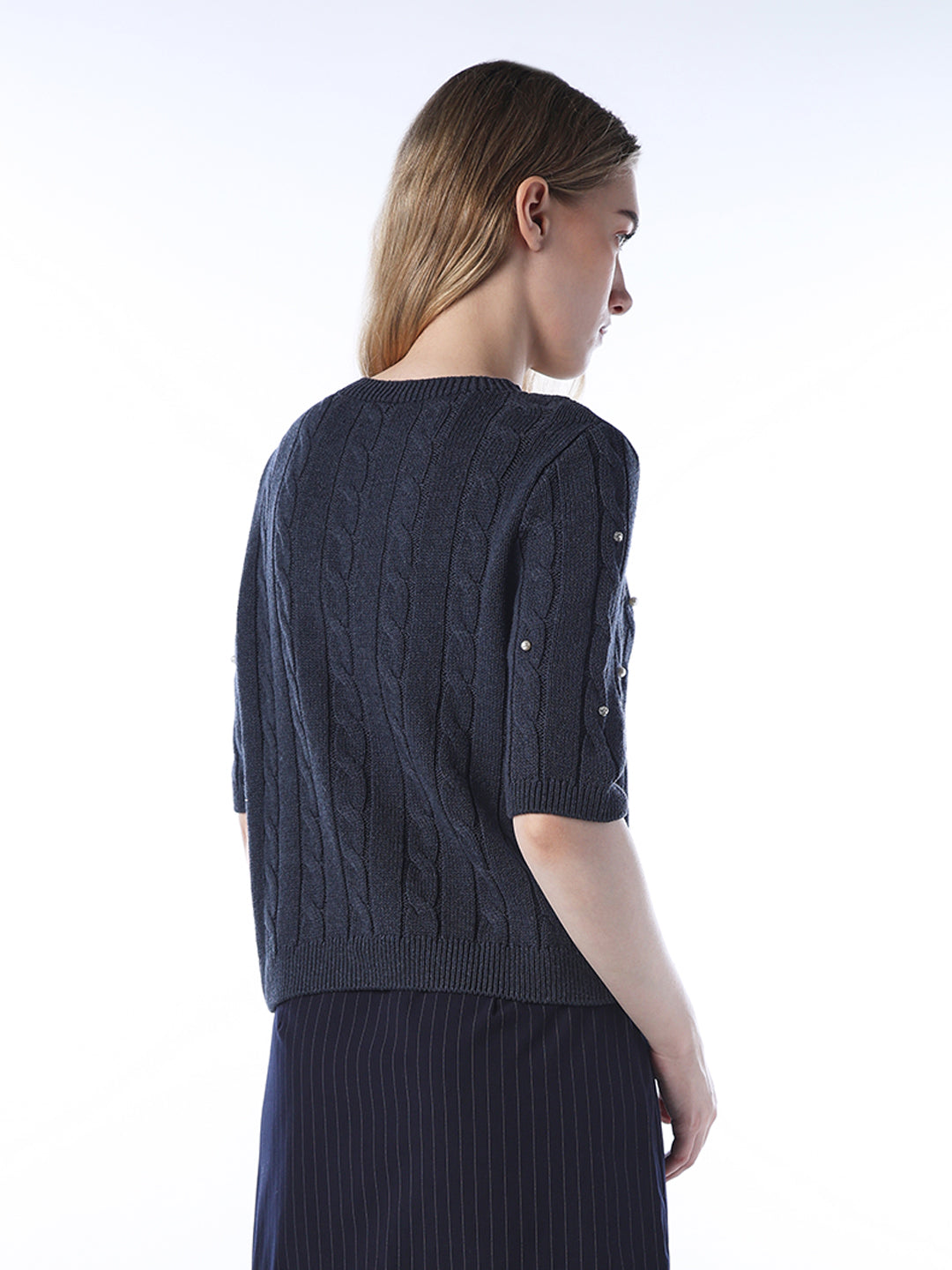 Rhinestone Cable Knit Pullover - Navy Blue