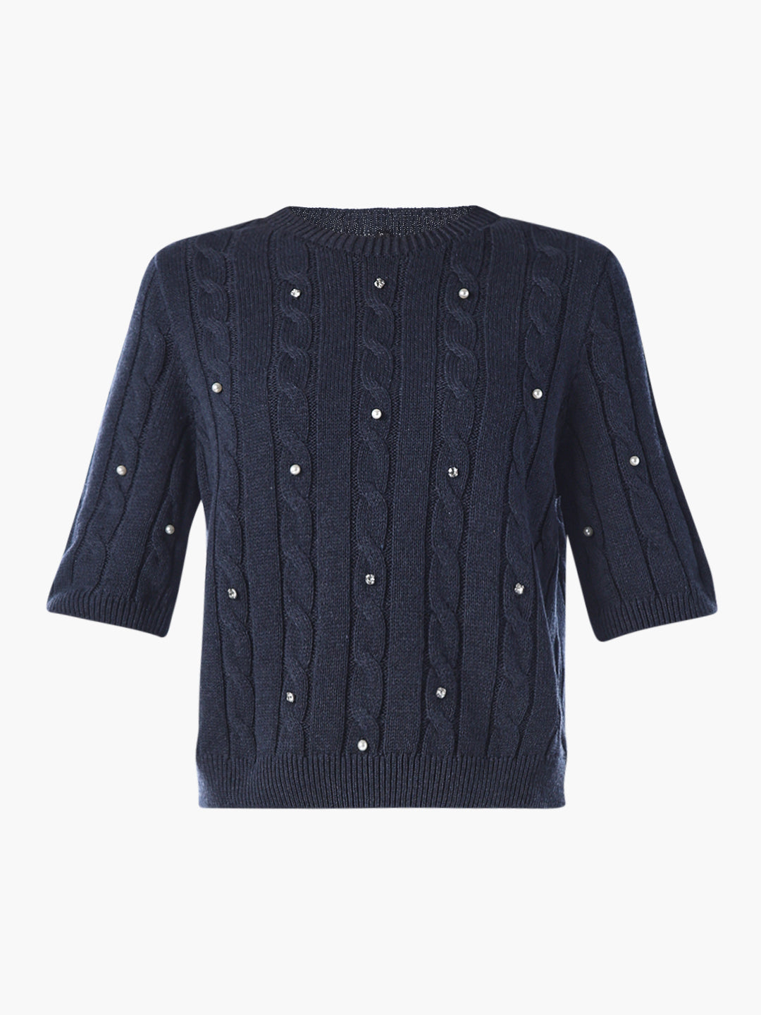 Rhinestone Cable Knit Pullover - Navy Blue
