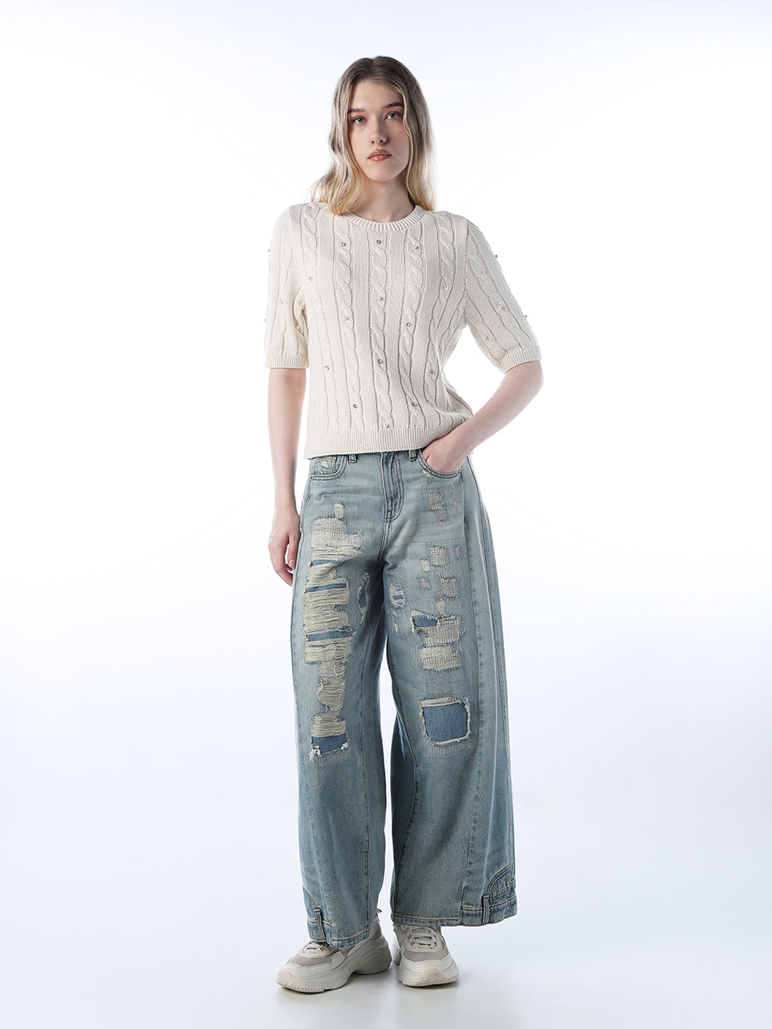 Rhinestone Cable Knit Pullover - Ecru