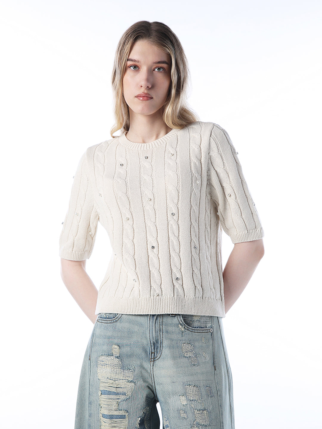Rhinestone Cable Knit Pullover - Ecru
