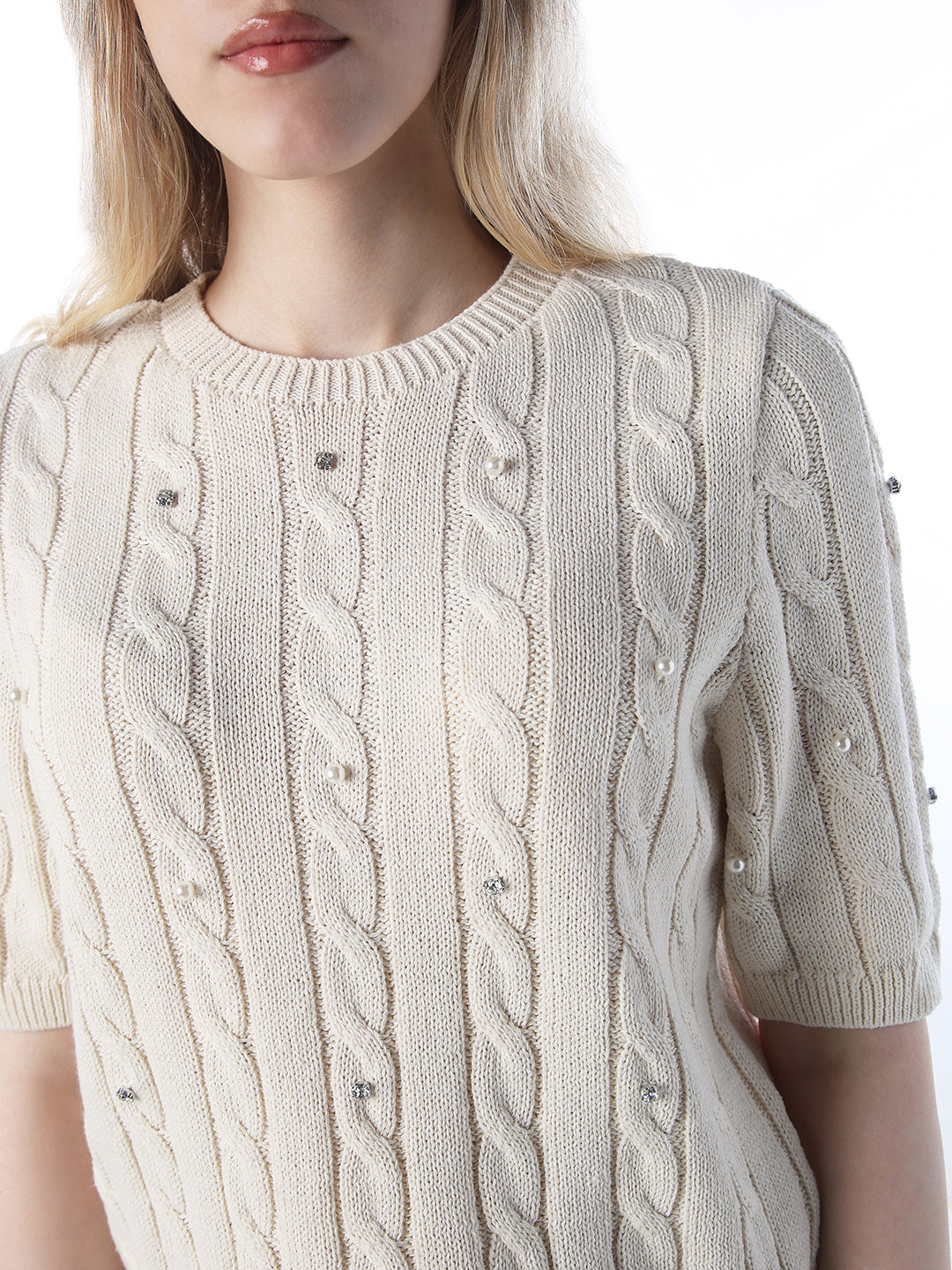 Rhinestone Cable Knit Pullover - Ecru