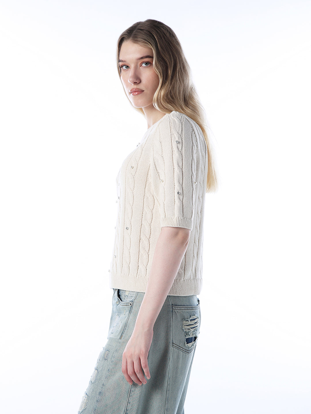 Rhinestone Cable Knit Pullover - Ecru
