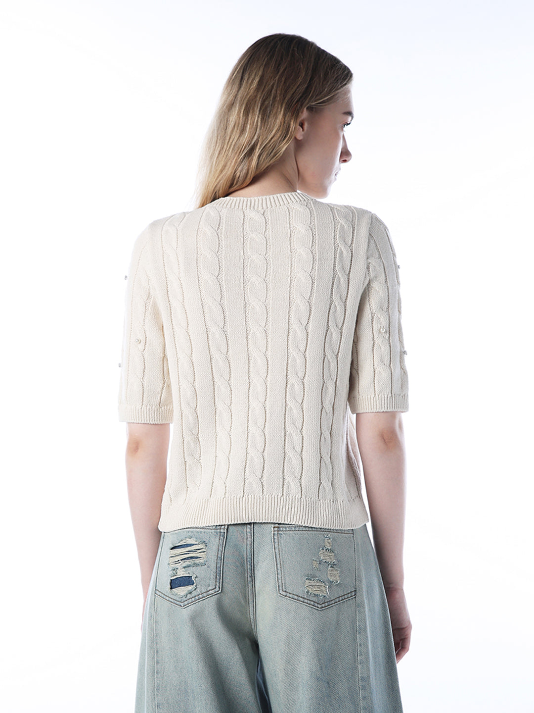 Rhinestone Cable Knit Pullover - Ecru