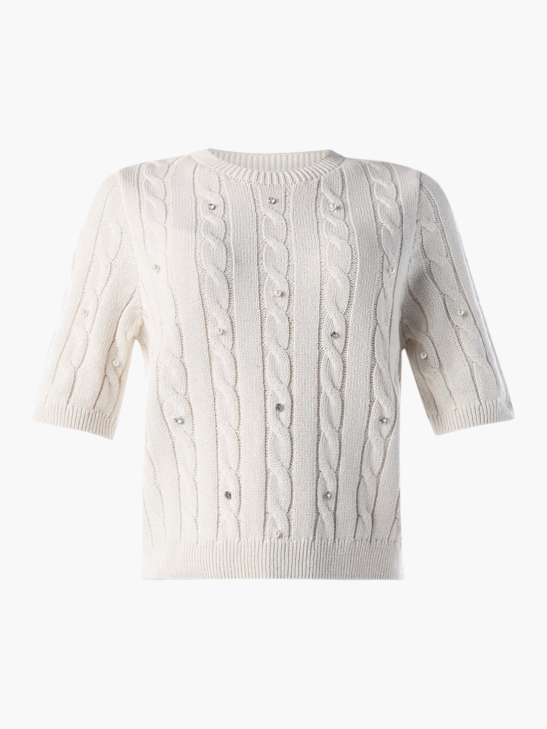 Rhinestone Cable Knit Pullover - Ecru