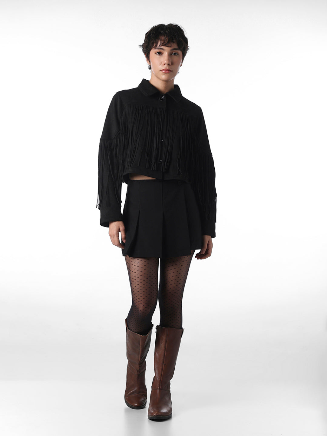 Black Faux Suede Cowboy Fringed Jacket