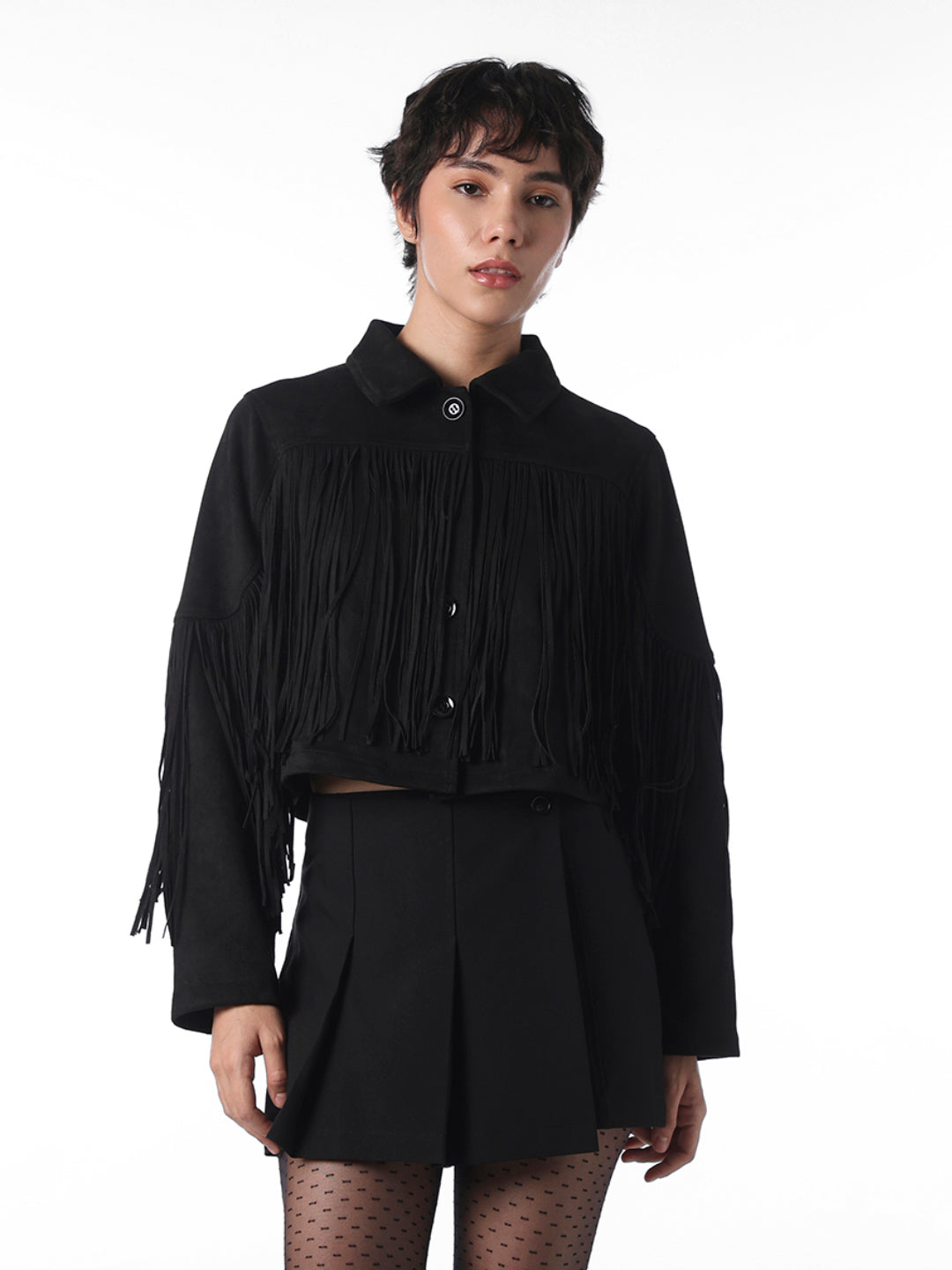 Black Faux Suede Cowboy Fringed Jacket