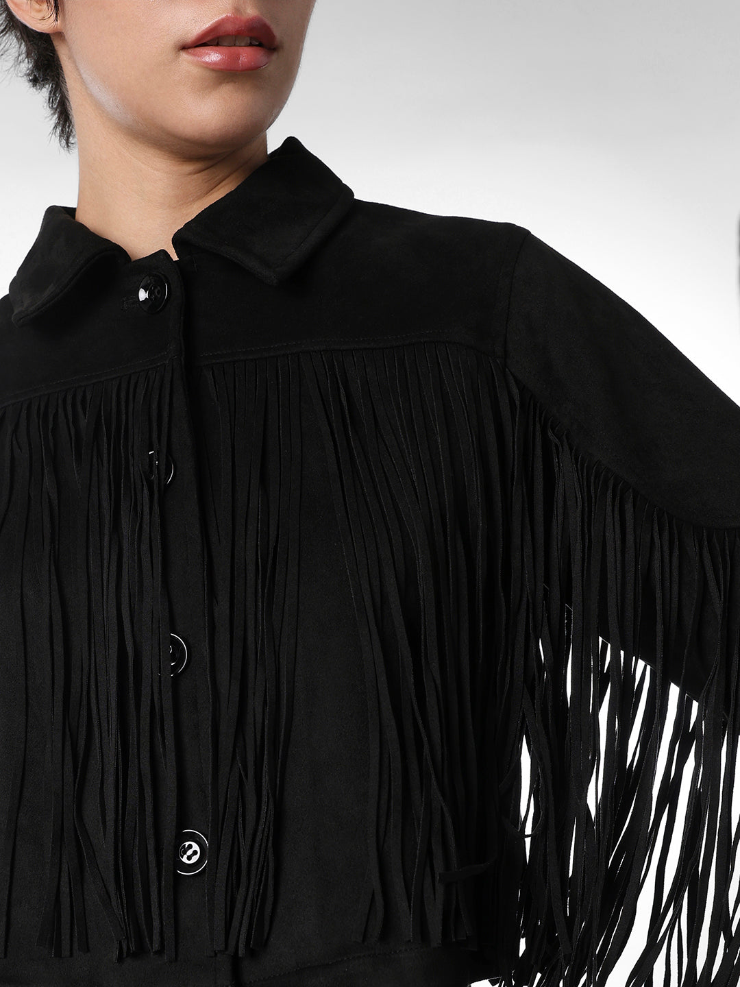 Black Faux Suede Cowboy Fringed Jacket