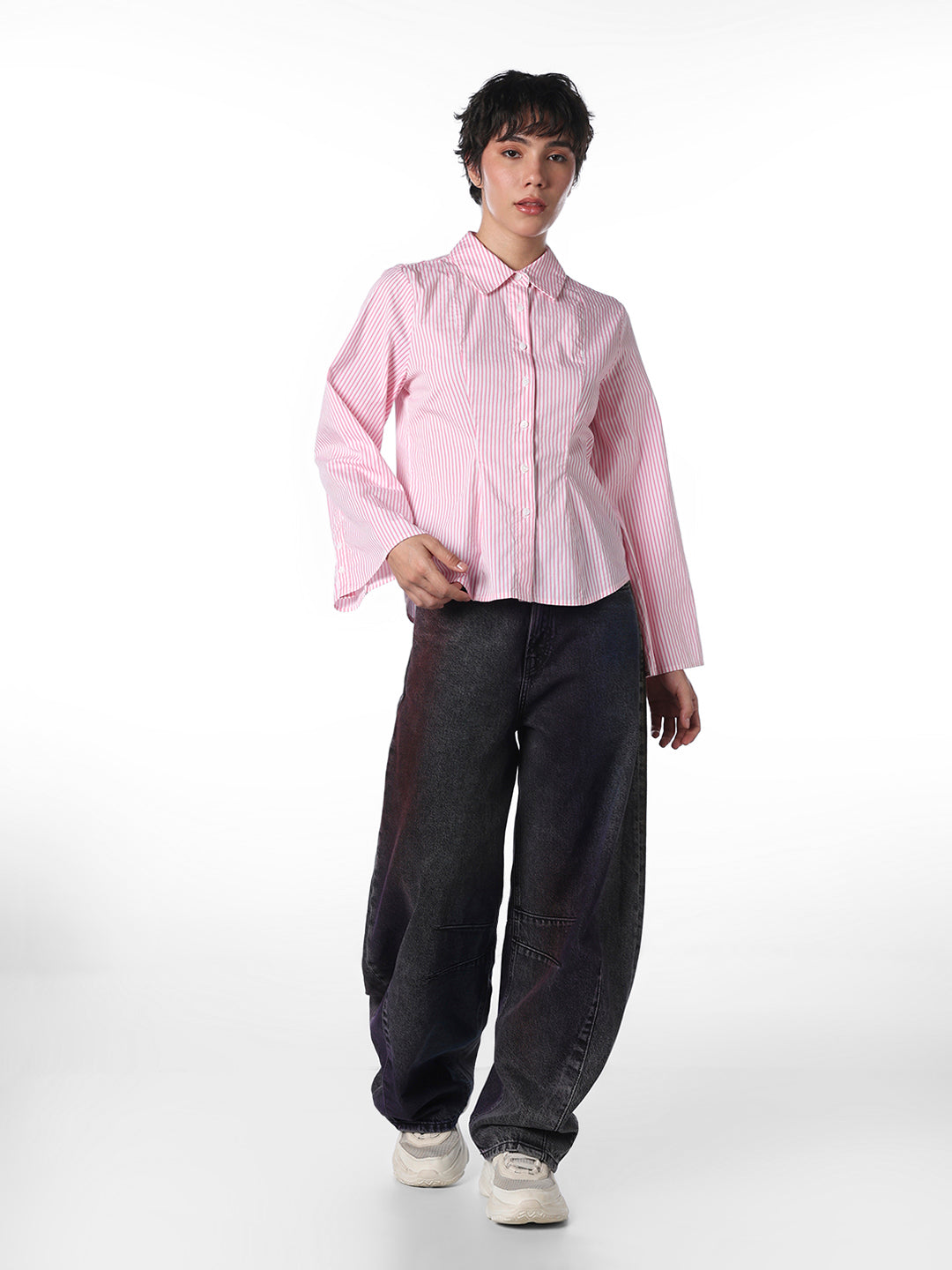 Pleated Striped Cotton Shirt - Pink