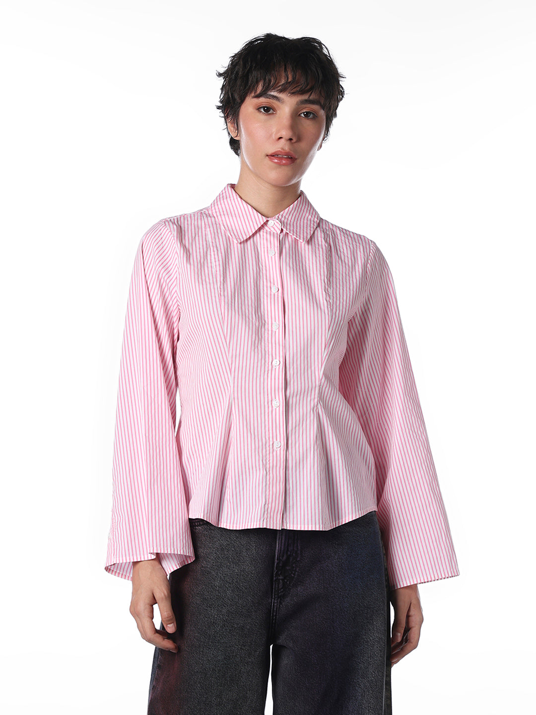 Pleated Striped Cotton Shirt - Pink