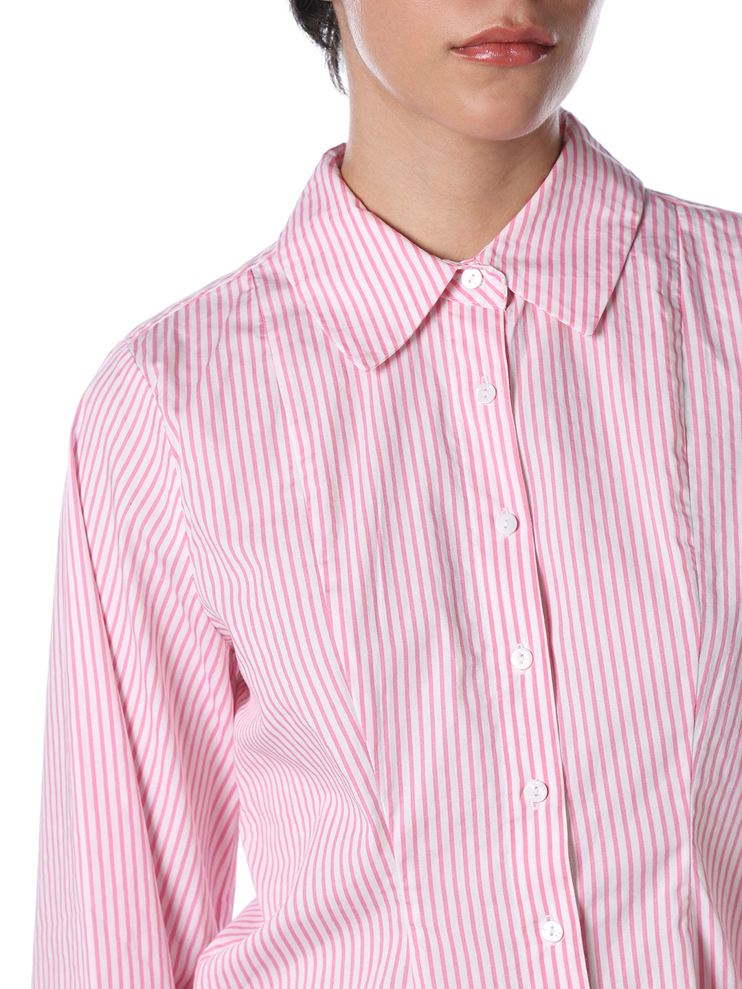 Pleated Striped Cotton Shirt - Pink