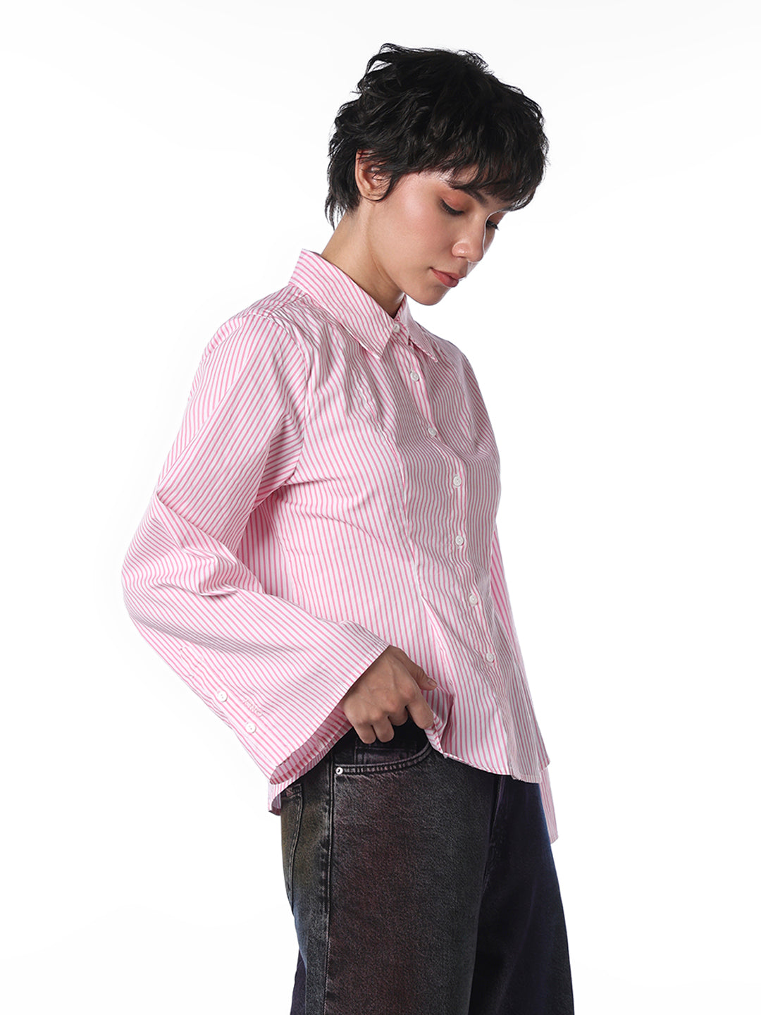 Pleated Striped Cotton Shirt - Pink