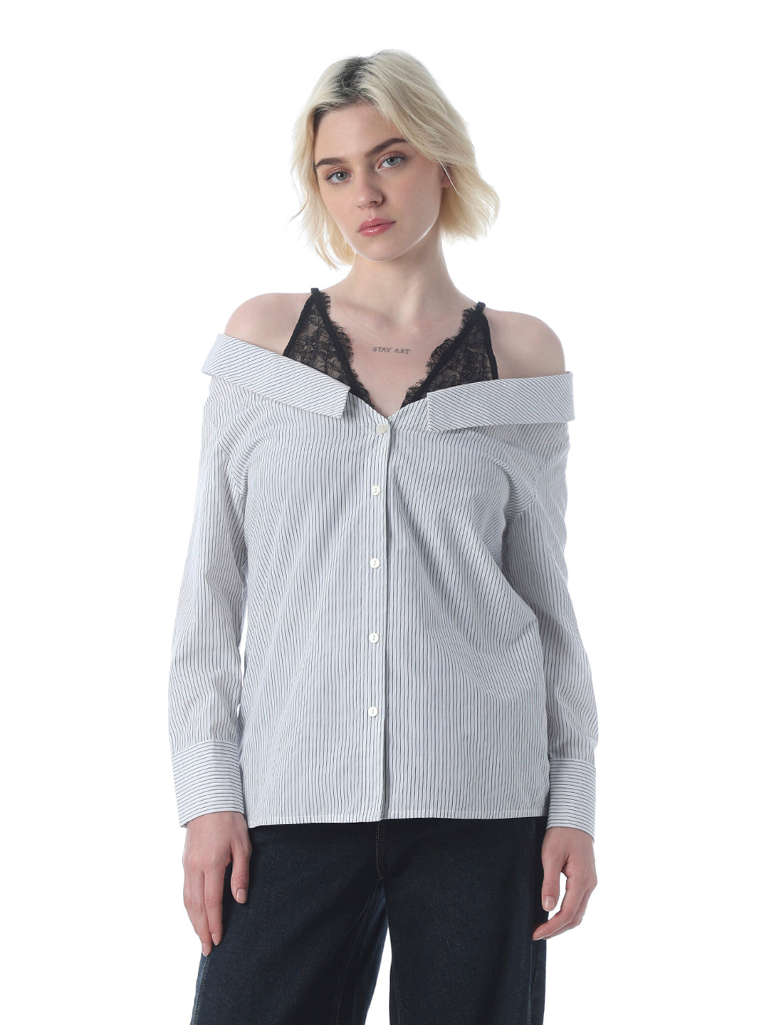 White Striped Lace Detail Shirt