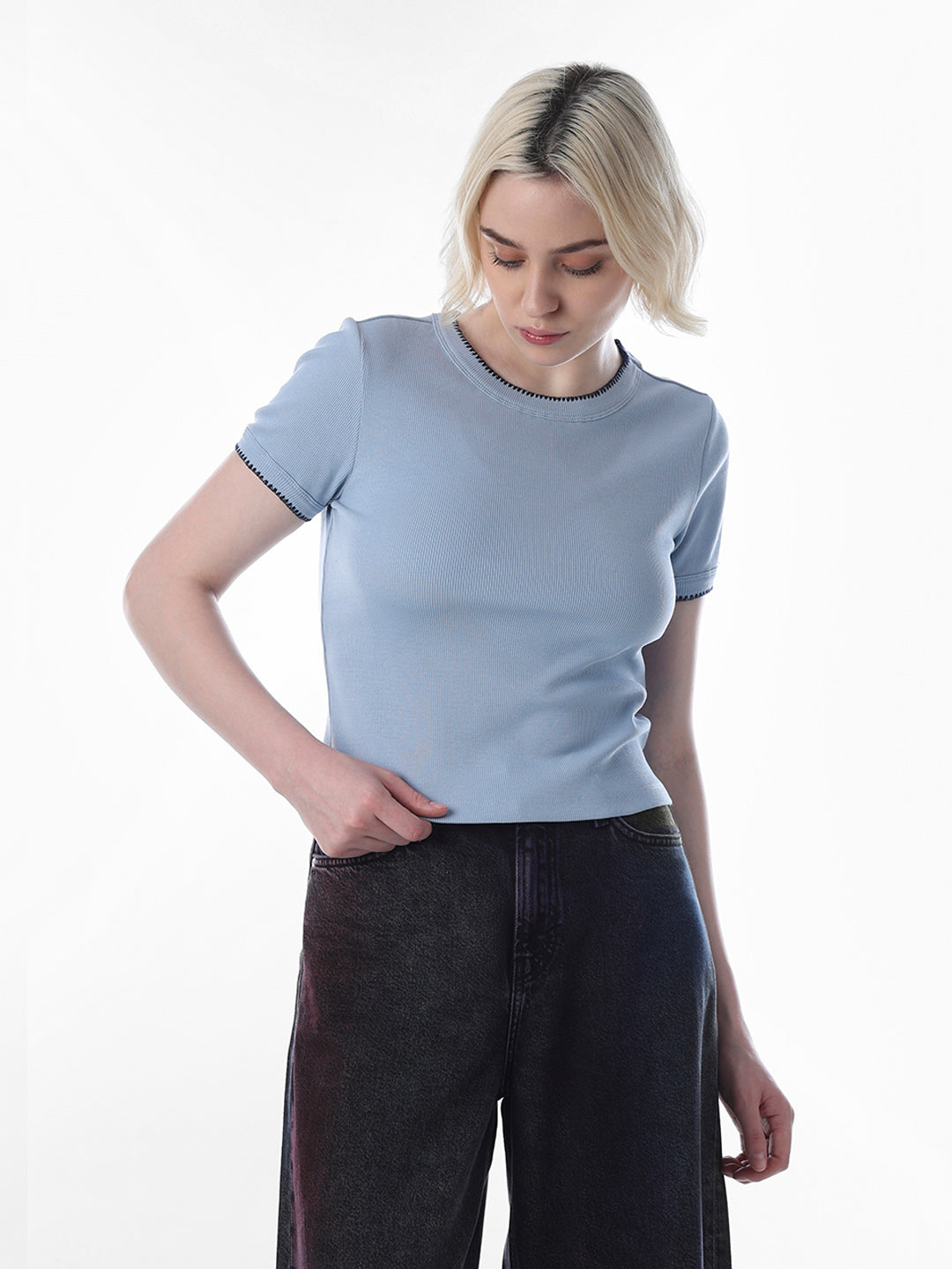 Blue Fitted Knit T-shirt